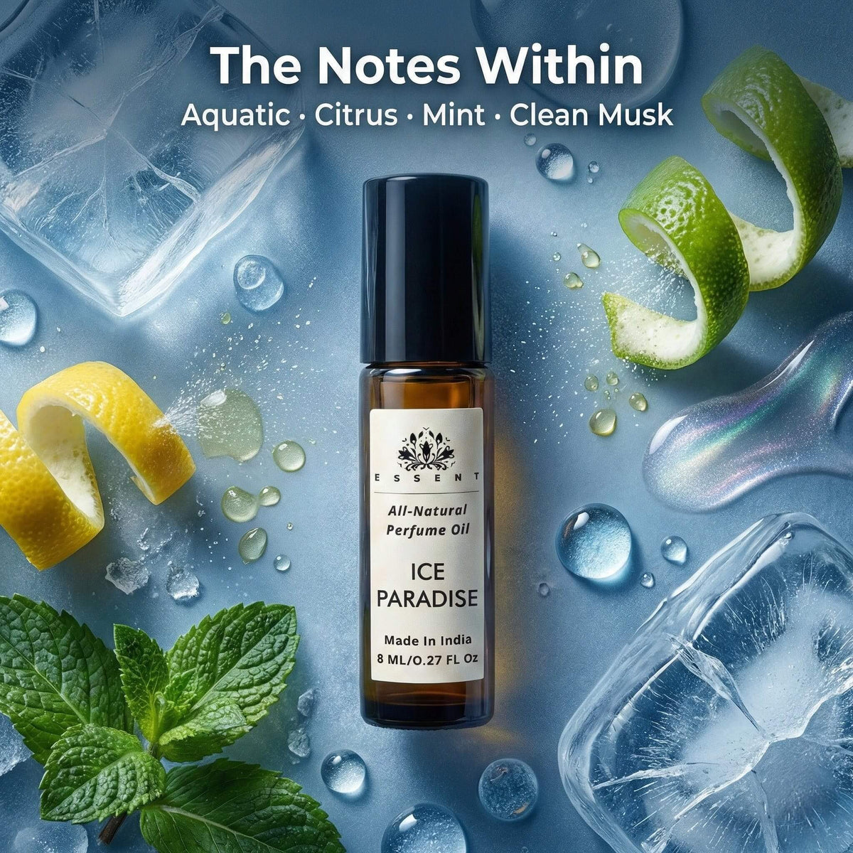 Essent Ice Paradise 8 ml roll-on attar bottle — fresh citrus, view 2