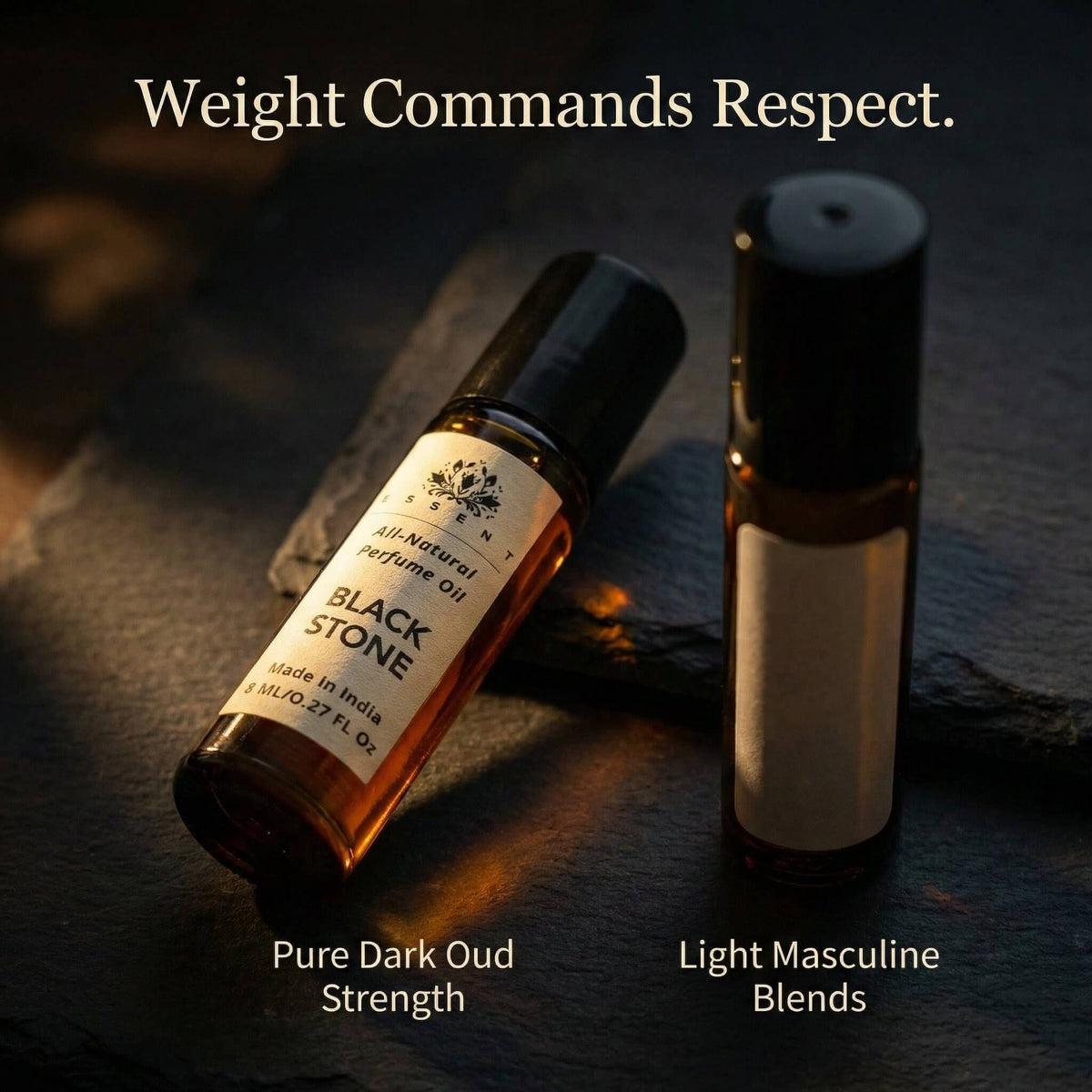 Essent Black Stone 8 ml roll-on attar bottle — oud & amber, view 4