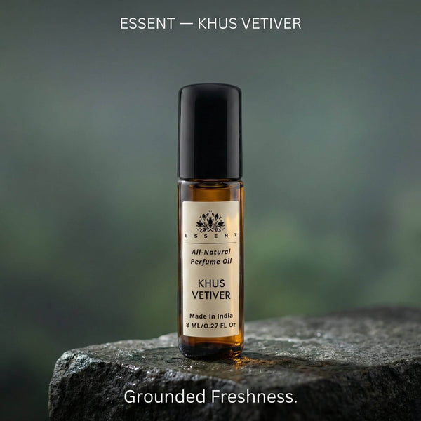 Essent Khus Vetiver 8 ml roll-on attar bottle — earthy green