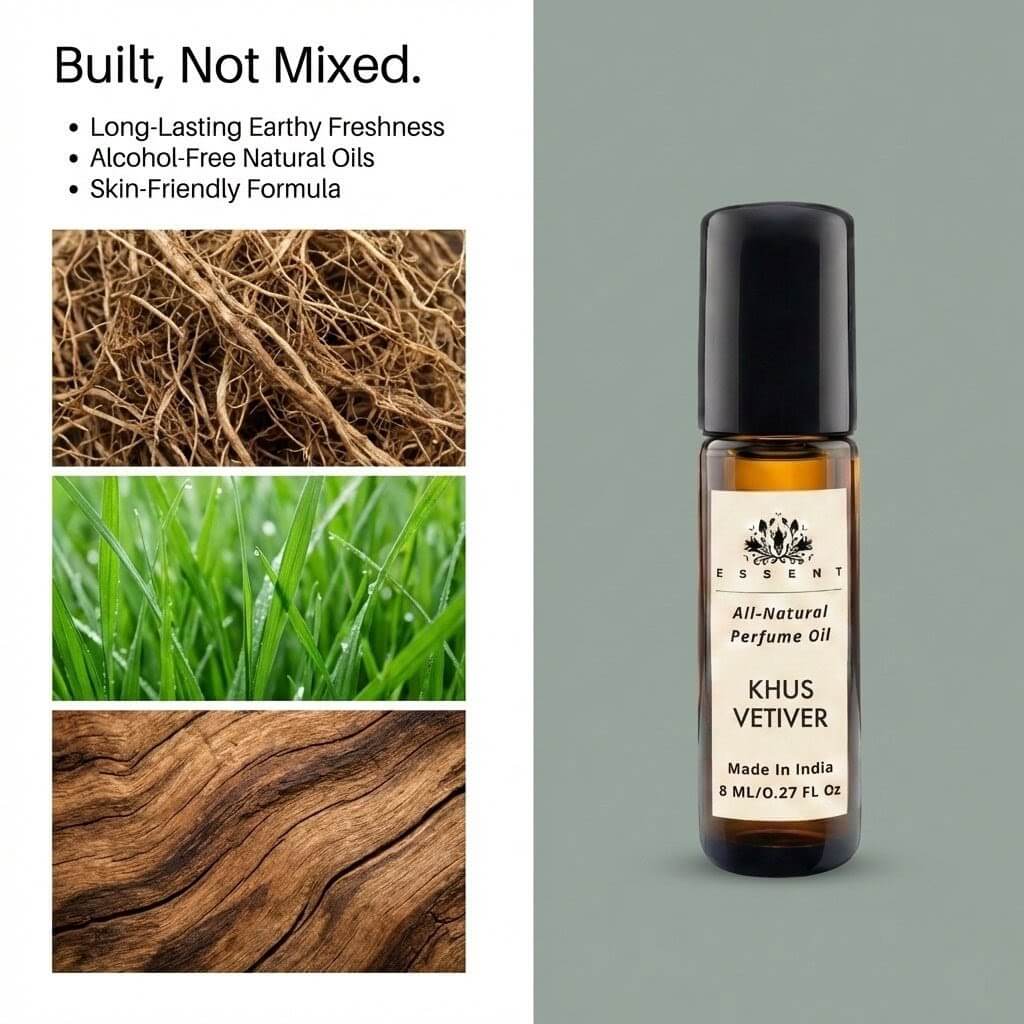 Essent Khus Vetiver 8 ml roll-on attar bottle — earthy green, view 3