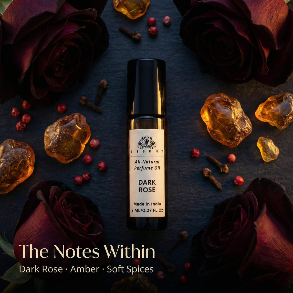 Essent Dark Rose 8 ml roll-on attar bottle — rose oriental, view 2