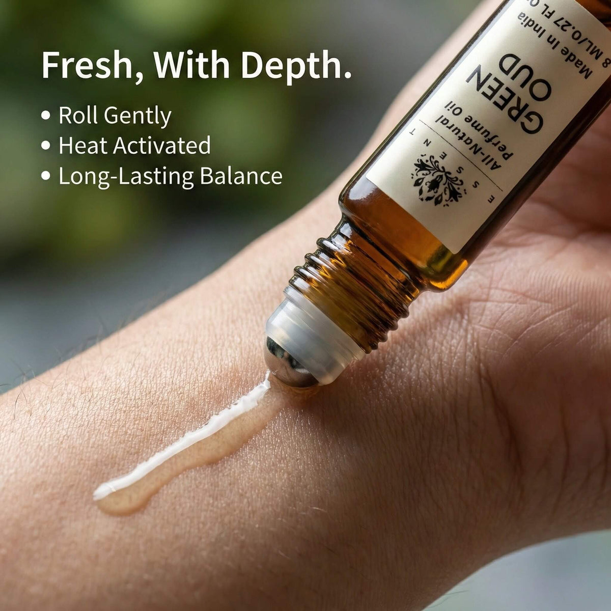 Essent Green Oud 8 ml roll-on attar bottle — oud & amber, view 5