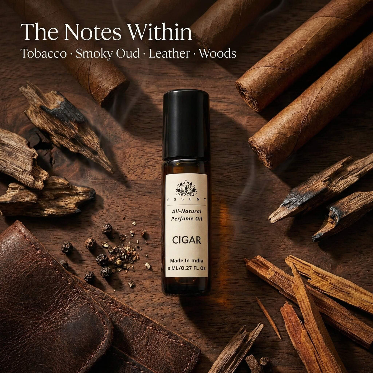Essent Cigar 8 ml roll-on attar bottle — oud & amber, view 2