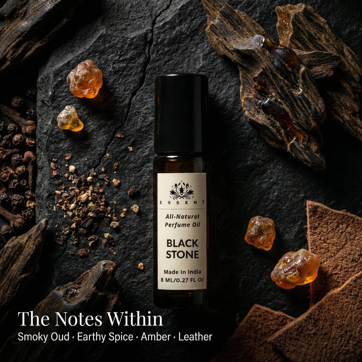 Essent Black Stone 8 ml roll-on attar bottle — oud & amber, view 2