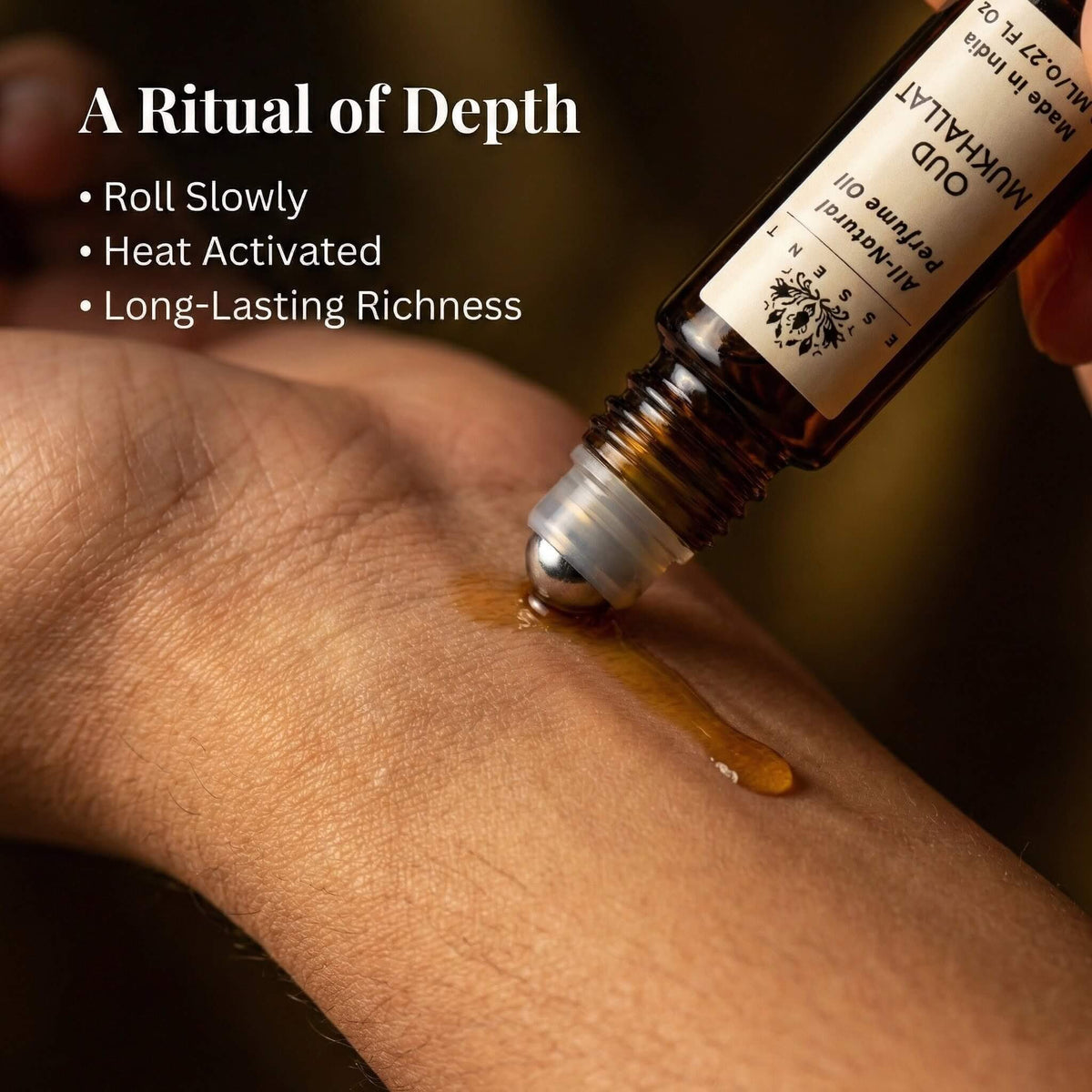 Essent Oud Mukhallat 8 ml roll-on attar bottle — oud & amber, view 5