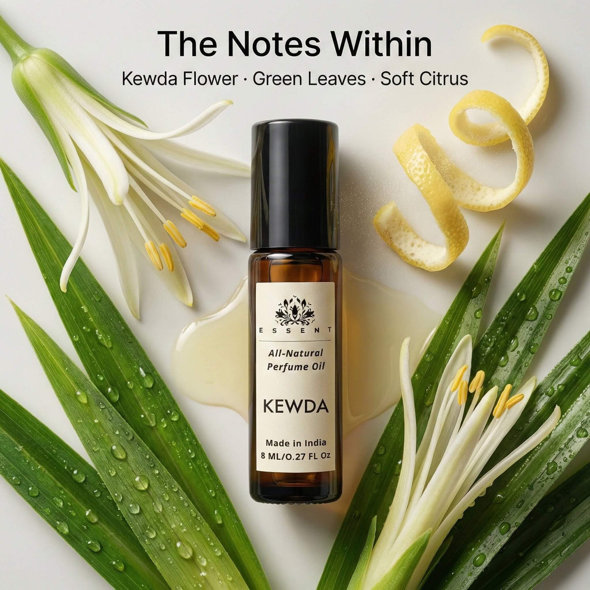 Essent Kewda 8 ml roll-on attar bottle — white floral, view 2