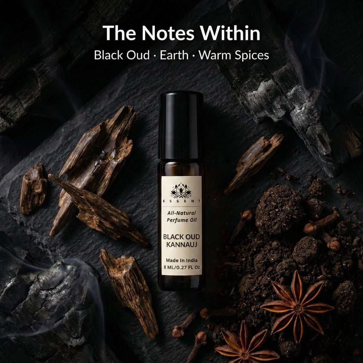 Essent Black Oud Kannauj 8 ml roll-on attar bottle — oud & amber, view 2
