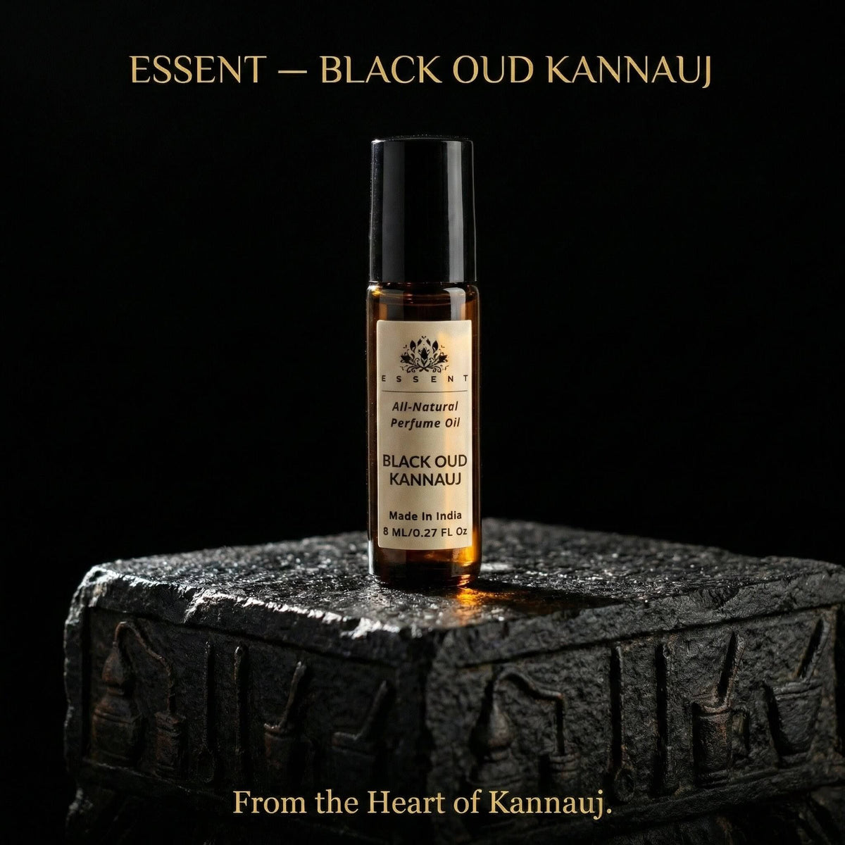 Essent Black Oud Kannauj 8 ml roll-on attar bottle — oud & amber
