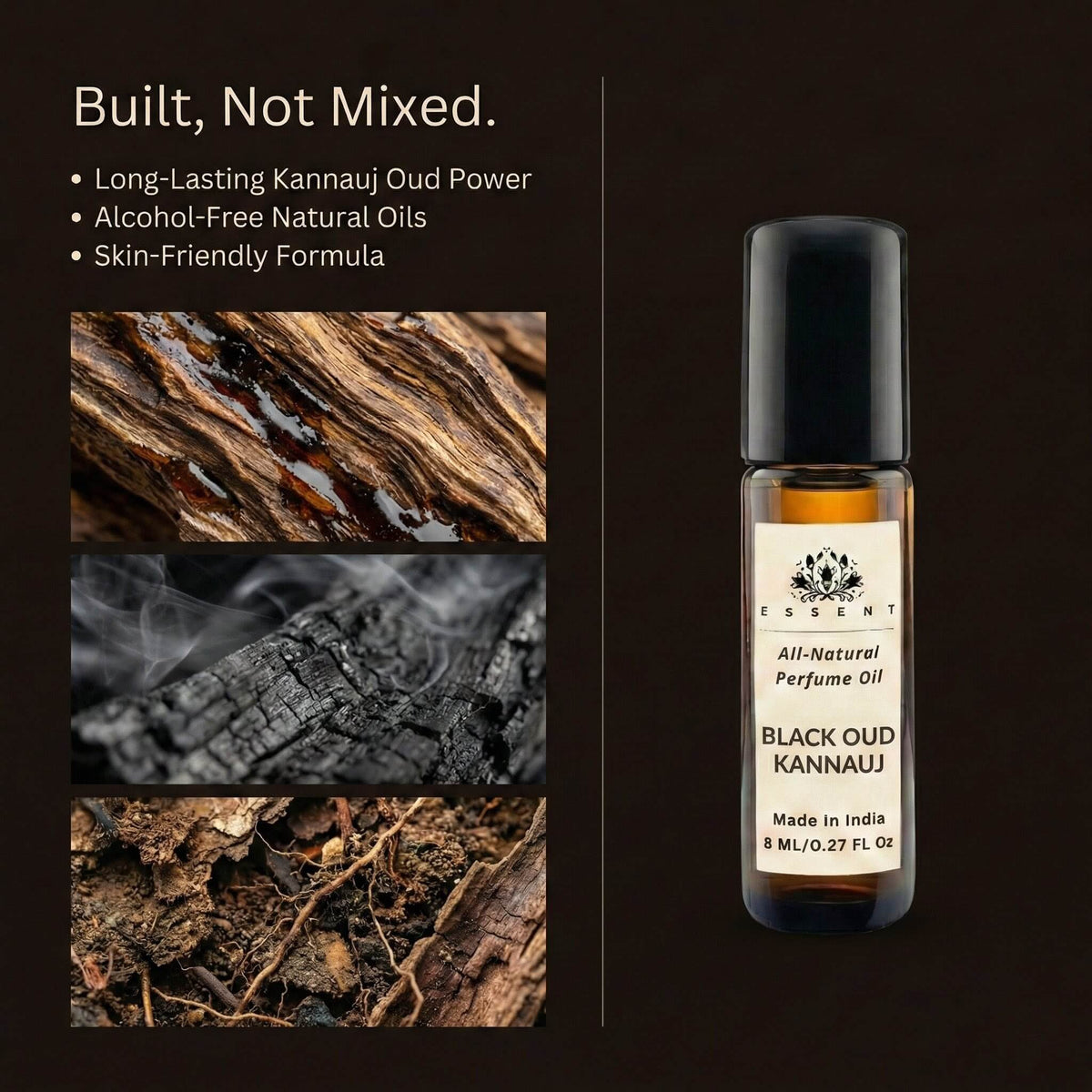 Essent Black Oud Kannauj 8 ml roll-on attar bottle — oud & amber, view 3