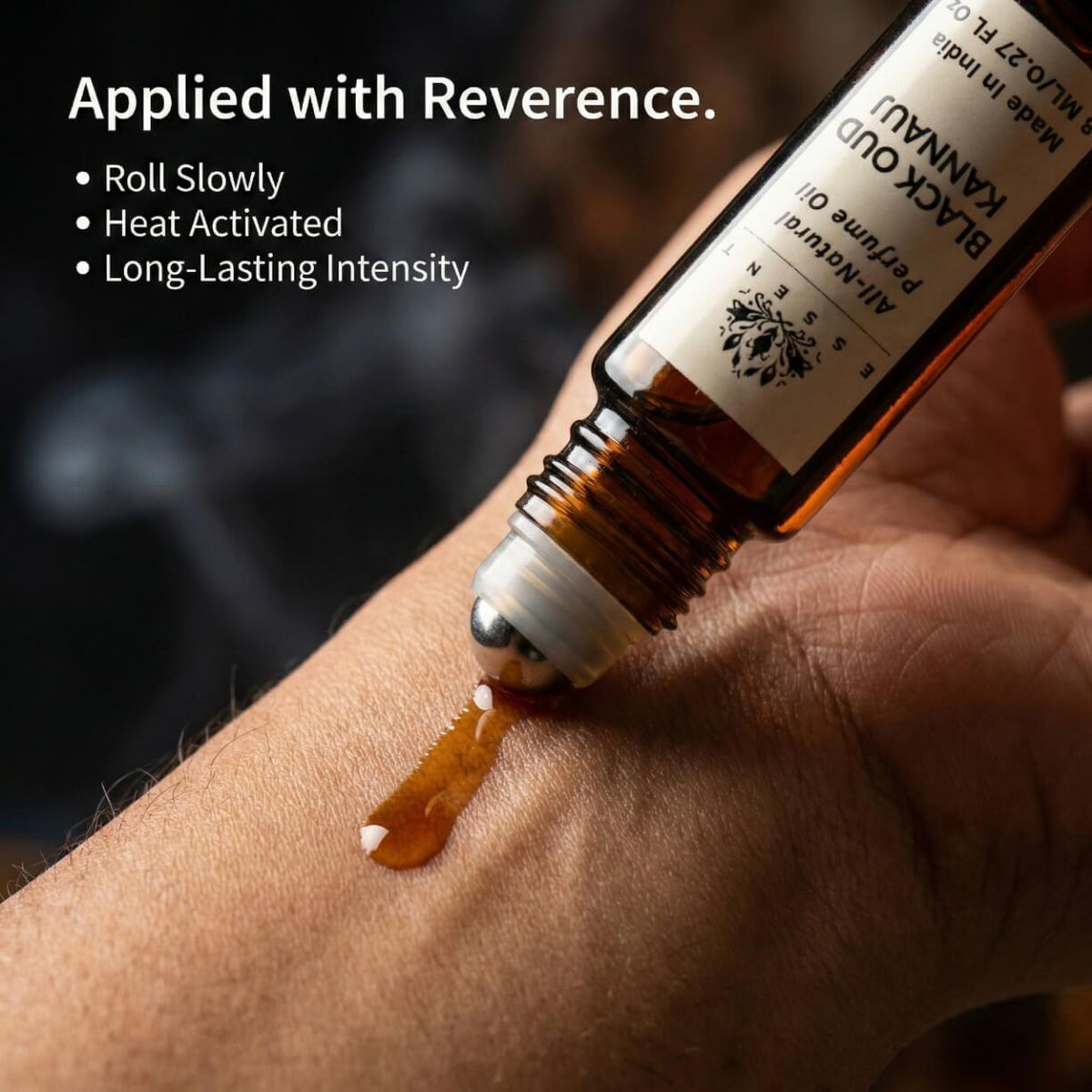 Essent Black Oud Kannauj 8 ml roll-on attar bottle — oud & amber, view 5