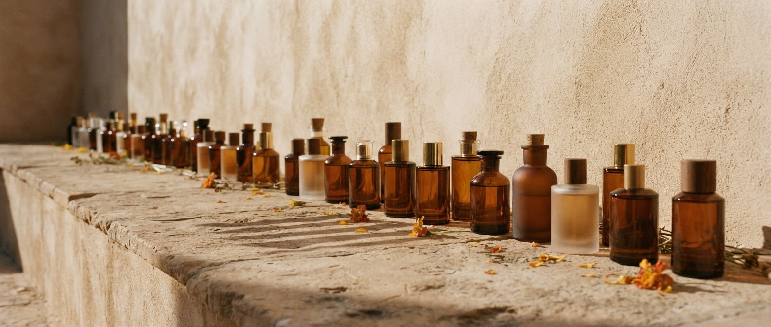 A row of Essent perfume bottles displayed along a stone ledge