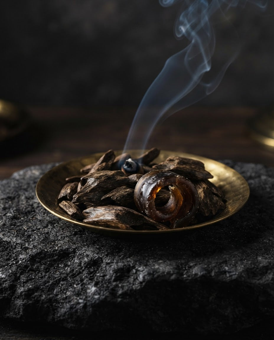 Oud fragrance family — agarwood chips beside an attar bottle