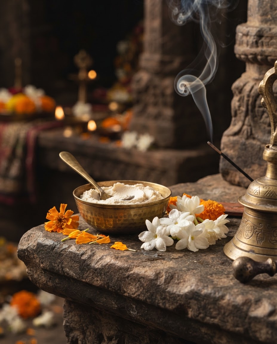 Pooja fragrance family — traditional attar shown with prayer accessories