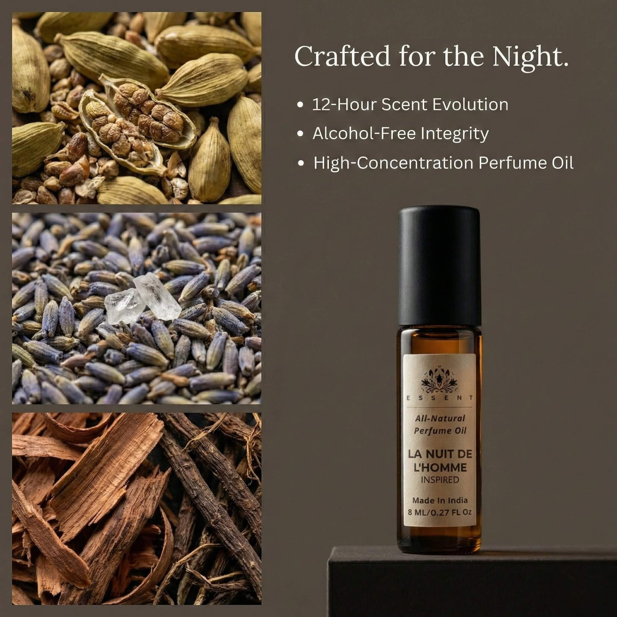Essent La Nuit de L’Homme 8 ml roll-on attar bottle — earthy green, view 3