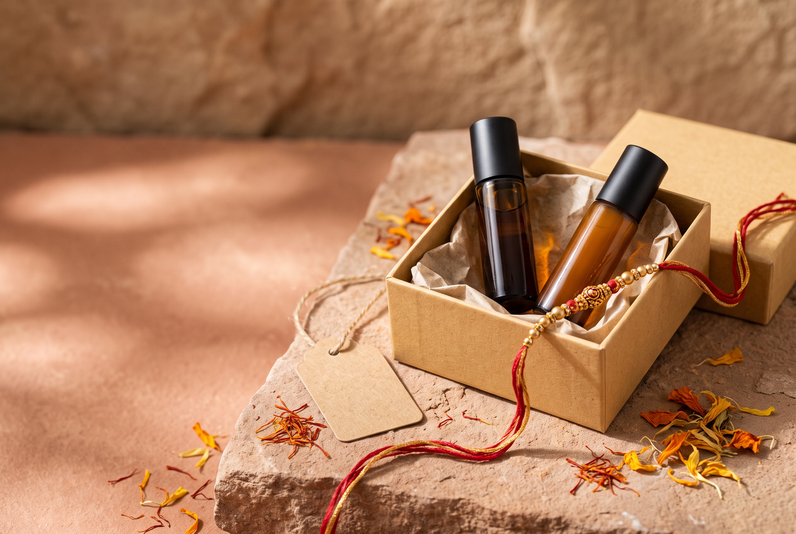 An open sand-coloured gift box holding two amber-glass roll-on attar bottles in tissue, with a rakhi thread and a kraft gift tag alongside