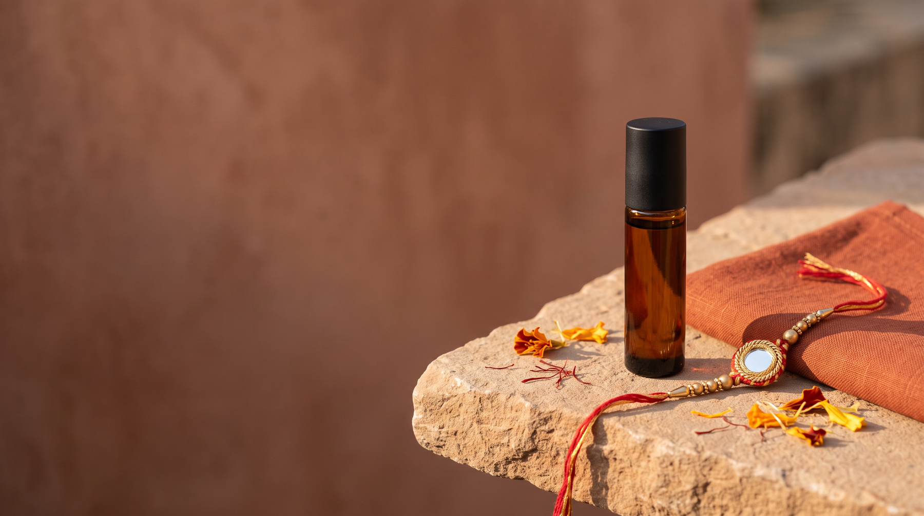 An amber-glass roll-on attar bottle on a sandstone ledge beside rust-orange handwoven cloth, with a red and gold rakhi thread and saffron strands across the stone