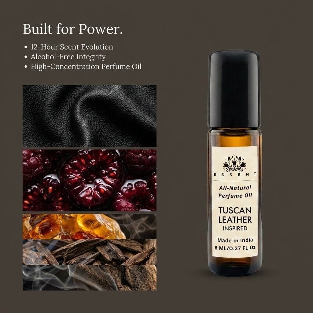 Essent Tuscan Leather 8 ml roll-on attar bottle — spicy oriental, view 3