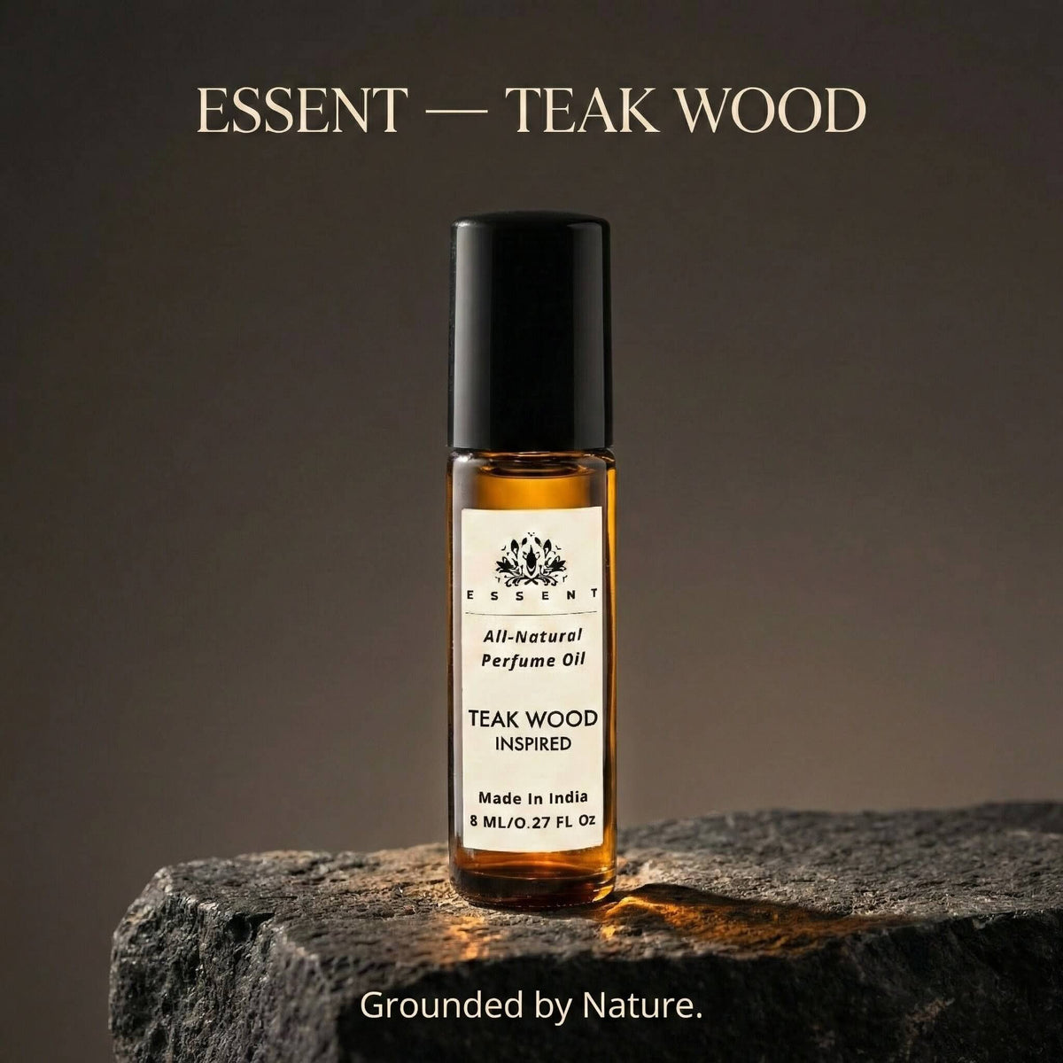 Essent Teak Wood 8 ml roll-on attar bottle — woody