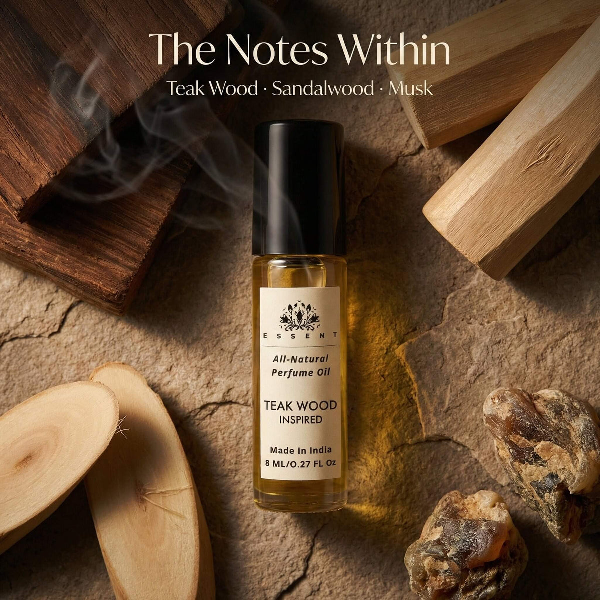 Essent Teak Wood 8 ml roll-on attar bottle — woody, view 2