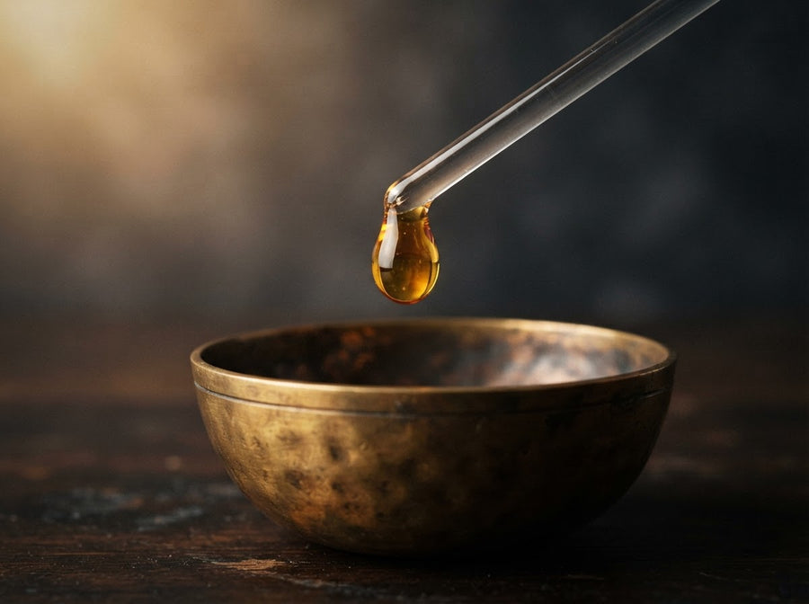 Concentrated attar oil being decanted from a glass vial